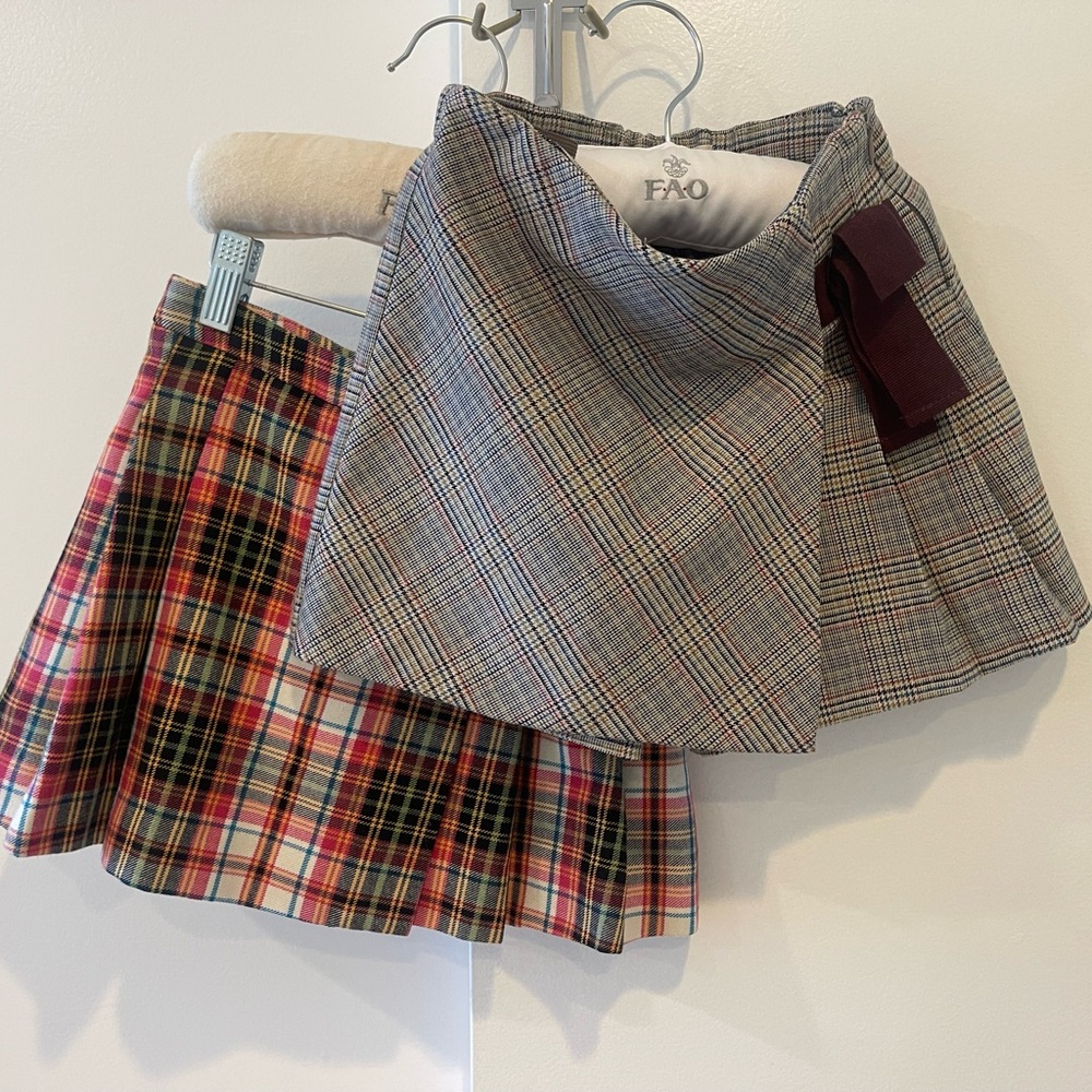 Two Zara Kids Plaid Skirt with Maroon Bow 6 years